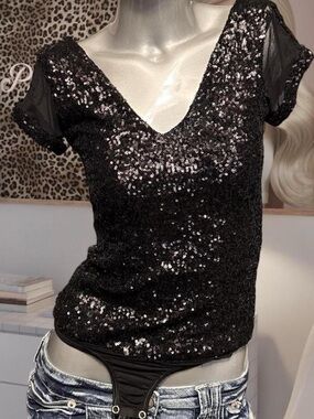 Bebe Y2K black sequin open-back bodysuit